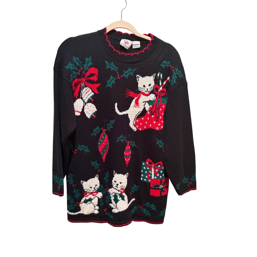 Vintage Nutcracker Christmas Sweater Black Kitten Cat Holiday Lurex Medium USA